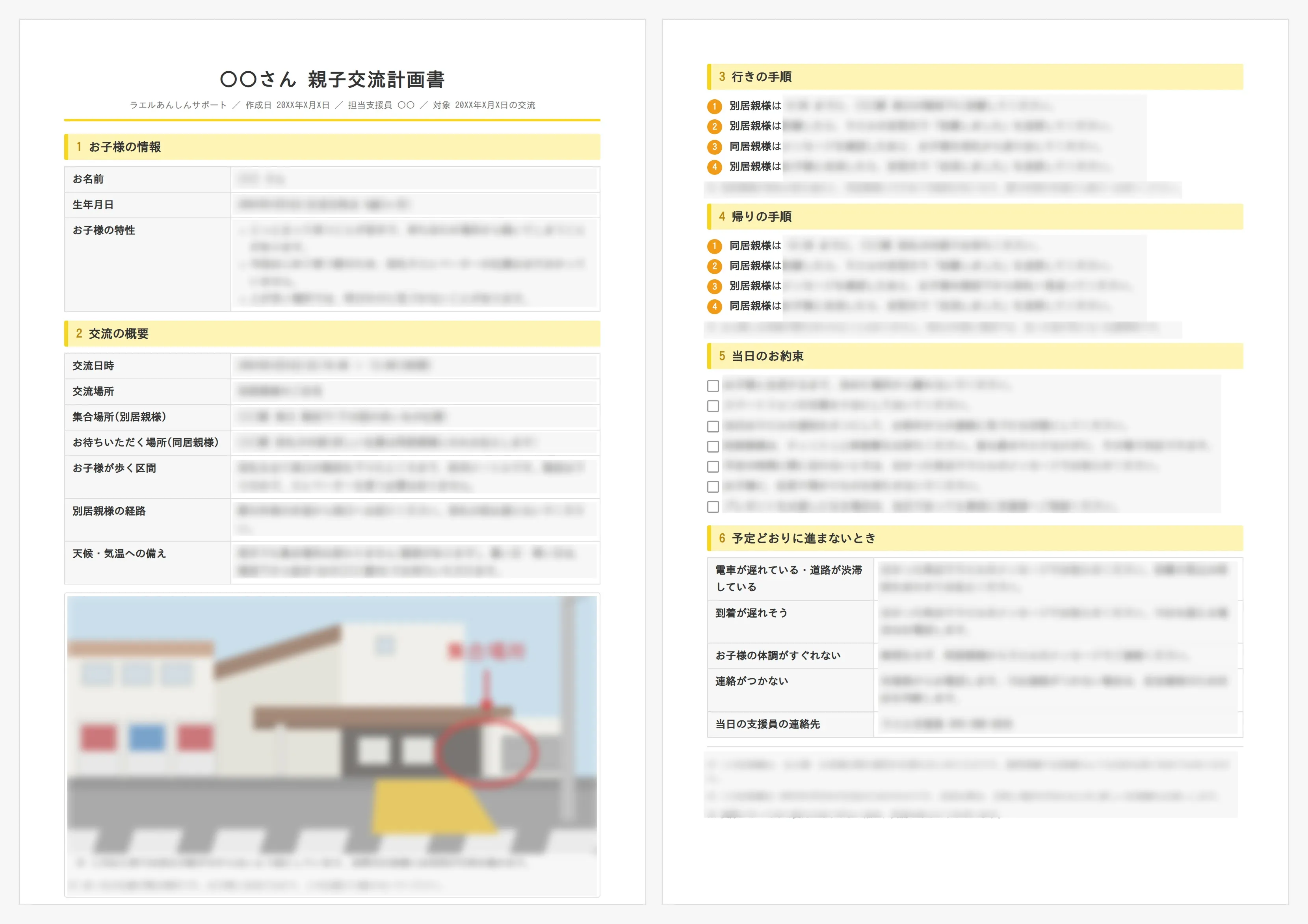 親子交流計画書の記入例。1ページ目にお子様の情報(お名前・生年月日・お子様の特性)と交流の概要(交流日時・交流場所・集合場所・お子様が歩く区間・別居親様の経路・天候や気温への備え)、および集合場所を赤い丸で示した図、2ページ目に行き帰りの手順、当日のお約束、予定どおりに進まないときの対応をまとめている。どの項目があるかが分かる画像で、本文はぼかしてある。
